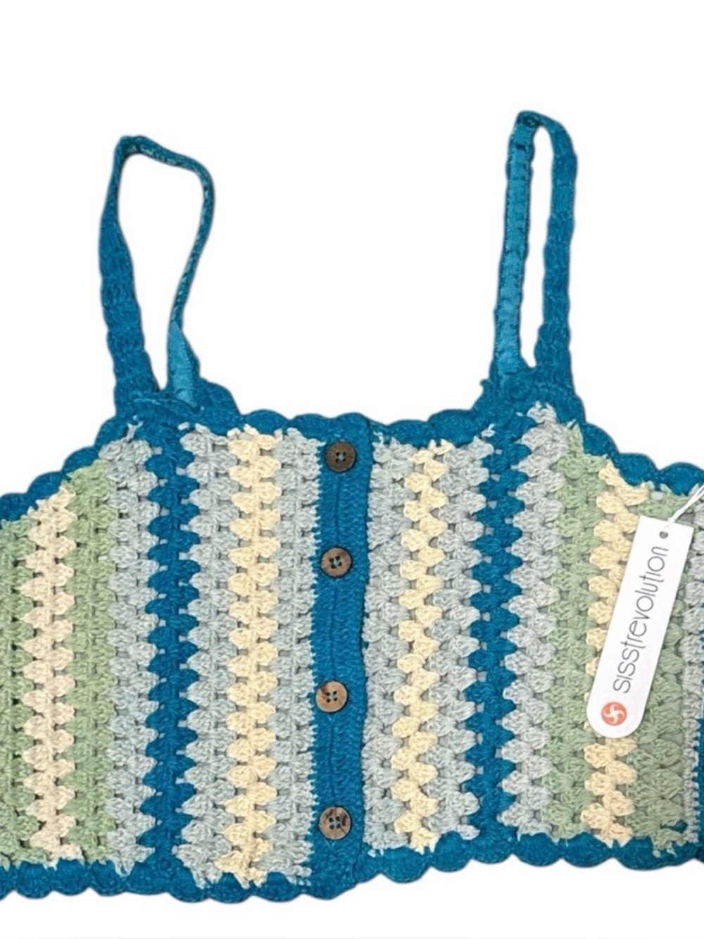 Sisstrevolution Crochet Sweater Knit Tank Cropped Blue & Green Small Beach NWT - Picture 4 of 4